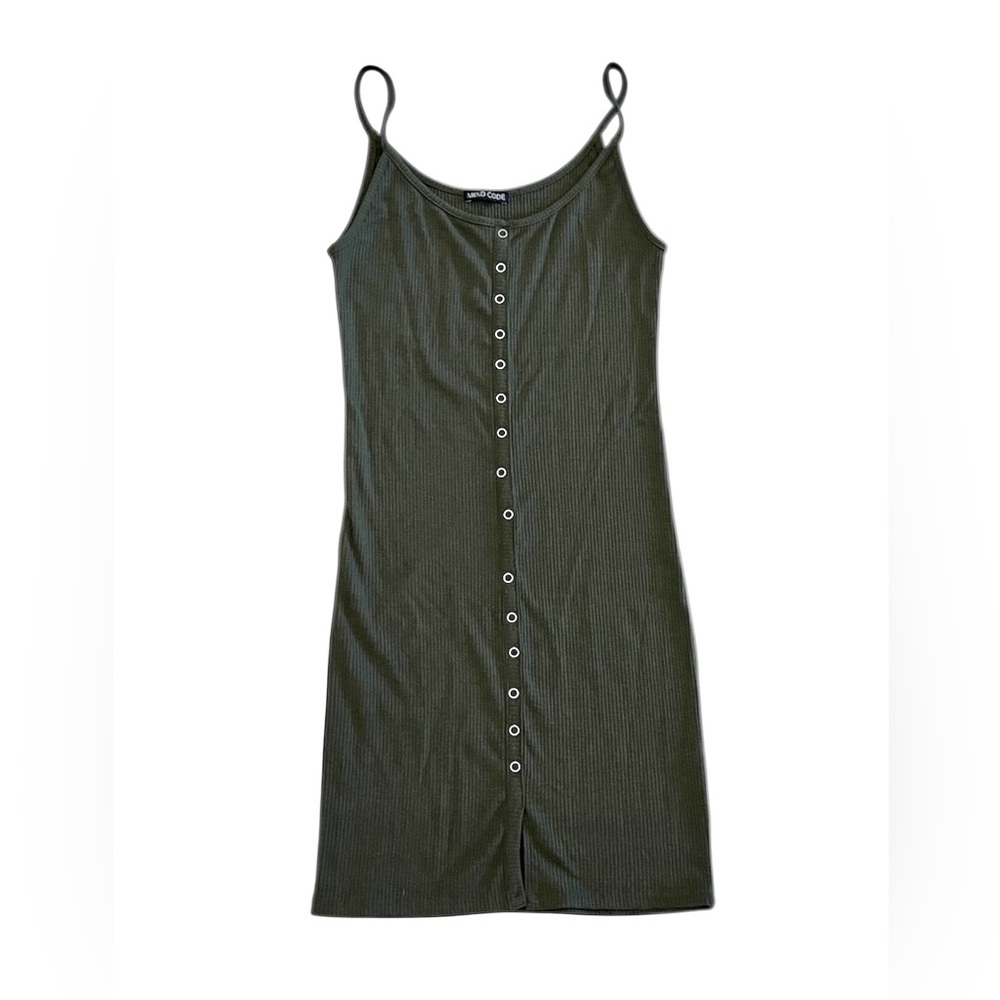 MIND CODE Dark Olive Green fitted summer mini Ribbed Tank Dress Size Medium